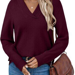 Stylish Long Sleeve Tunic Sweater with V-Neck in Wine Red - Fall Essential